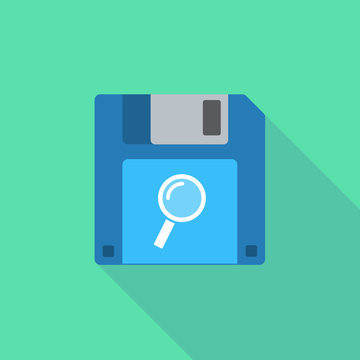 Long shadow floppy icon with a magnifier