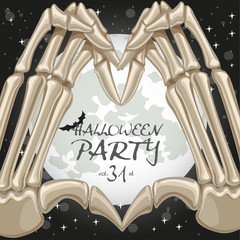 Halloween party poster with heart shape from fingers bones on mo