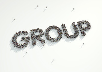 Aerial shot of a crowd of people forming the word 'Group'. Concept for how people follow each other on social networks and social media channels, websites, chat rooms and news groups.