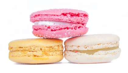 Papier Peint photo Lavable Macarons Dessert macarons français sucré et coloré sur bakground blanc