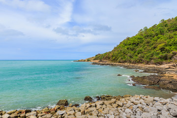 Fototapeta na wymiar Sky with beautiful beach with rocks and tropical sea