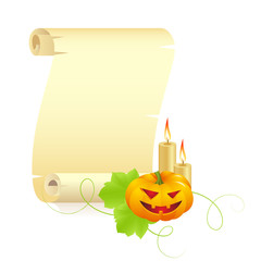 pumpkin and manuscript on a white background