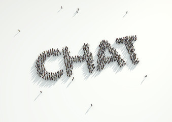 Aerial shot of a crowd of people forming the word 'Chat'. Concept for how people follow each other on social networks and social media channels, websites, chat rooms and news groups.