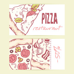 Business cards templates with different hand drawn pizza slices. Vector illustration