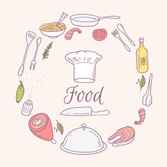 Round card with doodle food icons. Hand drawn elements for menu, cafe. Culinary background