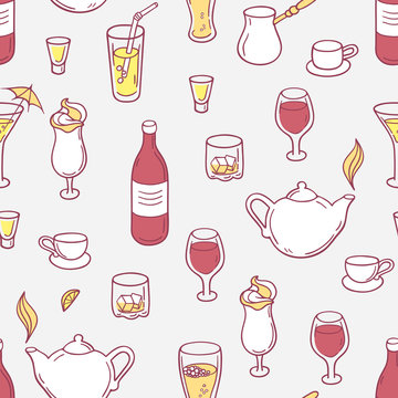 Seamless pattern with doodle drinks in vector. Hand drawn backgrond for design
