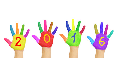 Kids colorful hands forming number 2016.