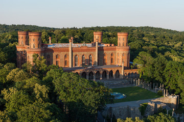 Fototapeta na wymiar aerial view of palace in Kamieniec Zabkowicki town