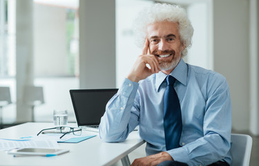 Fototapeta premium Confident businessman posing with hand on chin