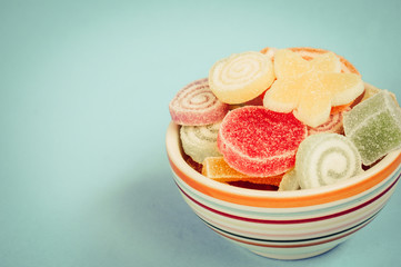 Colorful fruit-paste sweets with filter effect retro vintage sty