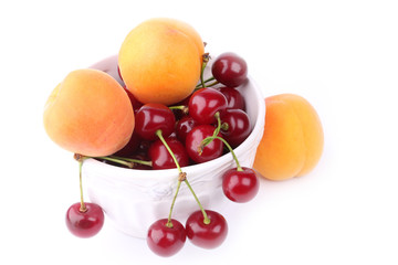 Cherry Apricot vintage ceramic bowl isolated white background fruits
