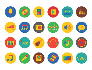 Music Icons Vector Set. Sound, tools or Dj and note symbols