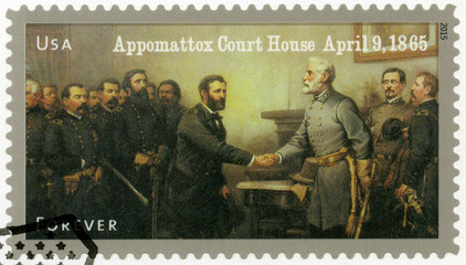 USA - 2015: shows Robert E. Lee's surrender to Ulysses S. Grant at Appomattox Court House on April...