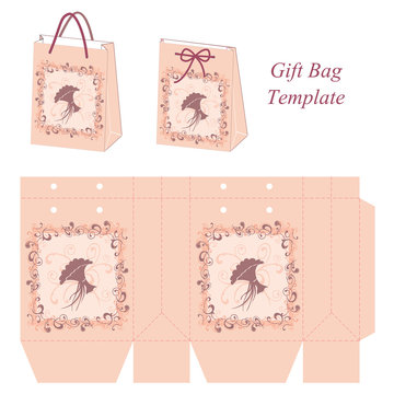 Pink gift bag template with decorative frame and a bouquet