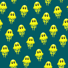 Seamless pattern of yellow jellyfish on blue background.