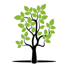 Tree and Green Leafs. Vector Illustration.