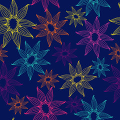 Vector seamless texture with bright and lacy flowers.