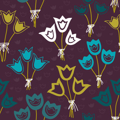Vector seamless pattern with bunches of tulips on a dark background. Endless dark background. Vector backdrop.