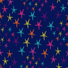 Vector seamless pattern with colorful stars. Endless blue background.