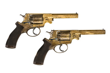 Pistols pair original decorated gold ornate revolvers