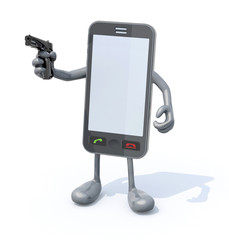 smartphone with arms legs and gun on hand