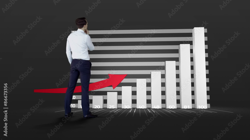 Poster businessman watching progress graph with arrow