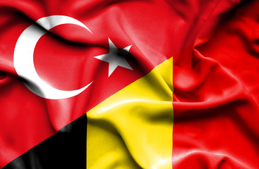 Waving flag of Belgium and Turkey