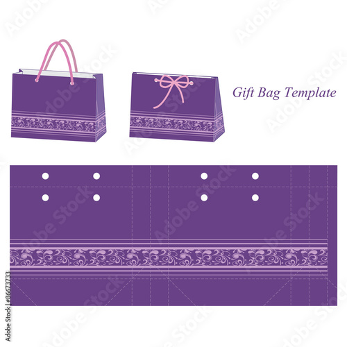 purple gift bag template with floral pattern stock image and