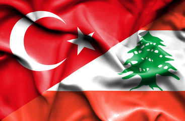 Waving flag of Lebanon and Turkey