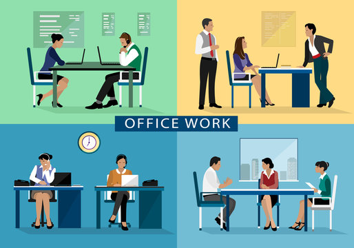 Office work design concept set with people working hard on their workplaces. Flat icons isolated vector illustration