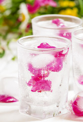 Fresh sparkling beverage with ice with rose petals on white wood