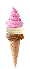 Ice cream wafer cone isolated with vanilla, strawberry and chocolate