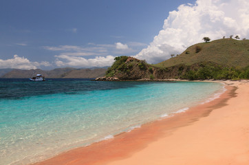 Fototapeta na wymiar Pink beach and turquoise sea with a mountain island inIndonesia