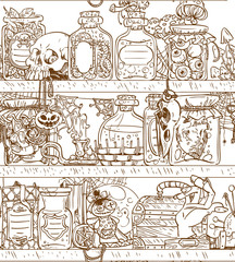 Seamless background shelves with Halloween witch paraphernalia