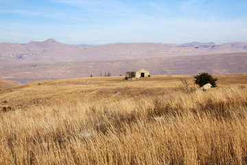 Obraz premium Roofless Abandoned Building in Field with Mountains as Backdrop