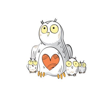Card with cartoon mother owl and little owlets.