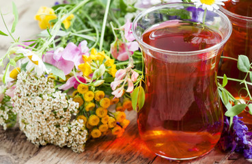Black tea with  herbs in an authentic Middle Eastern glasses on