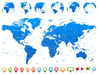 Fototapeta na wymiar World Map, Globes, Continents, Navigation Icons - illustration.Highly detailed vector illustration of world map, globes and continents. 