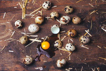 Quail eggs on wooden table