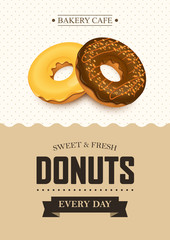 Poster vector template with donuts. Advertising for bakery shop or cafe.