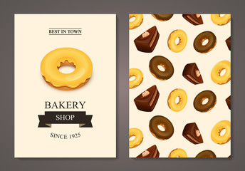 Poster vector template with donuts and cakes. Advertising for bakery shop or cafe.