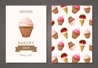 Poster vector template with cupcakes and ice cream. Advertising for bakery shop or cafe.