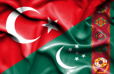 Waving flag of Turkmenistan and Turkey