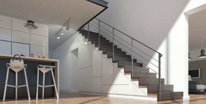 Stairs from wood and metal in modern interior design