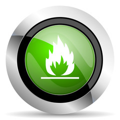 flame icon, green button