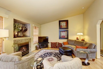 Fototapeta na wymiar Decorative living room with beautiful rug.
