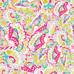 Fototapeta premium Seamless hand-drawn pattern with abstract leaves and flowers.