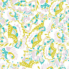 Abstract seamless hand-drawn pattern with leaves and flowers.