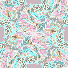 Fototapeta na wymiar Seamless hand-drawn pattern with abstract leaves and flowers on pastel background
