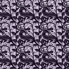 Seamless lace fabric dark color. Openwork pattern of branches and leaves.